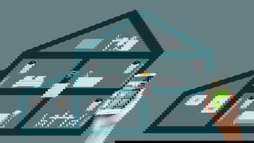 Smart home heating system showing wireless radiator controls and mobile app interface.