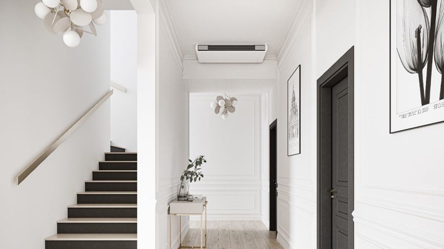 Modern hallway with a sleek ceiling-mounted fan convector unit.