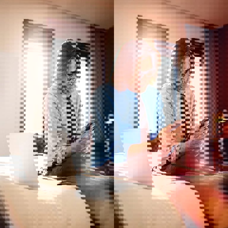 Man on his phone in a hotel room