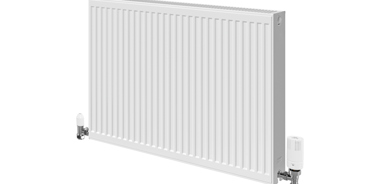 White compact panel radiator with close-up detail of the top grille.