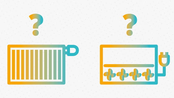 Drawing of radiator and fan convector, with two question marks above them