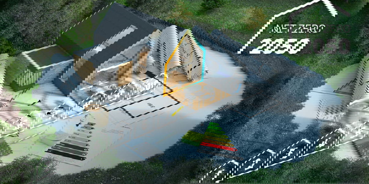 Abstract image of a house with scaled-up technical drawings and other documents outside.